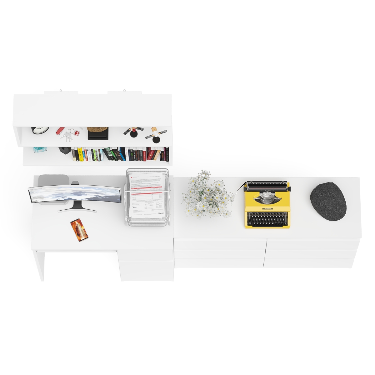 Стол компьютерный Мори  МС-1 правый + Комод МК1200.6 + Полка 900, цвет белый, ШхГхВ 210,4х50х209,6 см., НЕ универсальная сборка