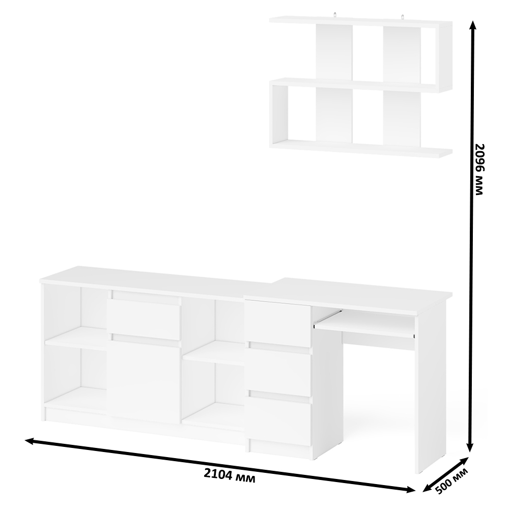 Стол компьютерный Мори МС-6 левый + Тумба МТВ1204.1 + Полка 900, цвет белый, ШхГхВ 210,4х50х209,6 см., НЕ универсальная сборка